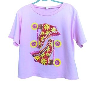 Peach Love Sequin Roller Skates Graphic Pink Cropped Short Sleeve T-Shirt Sz S